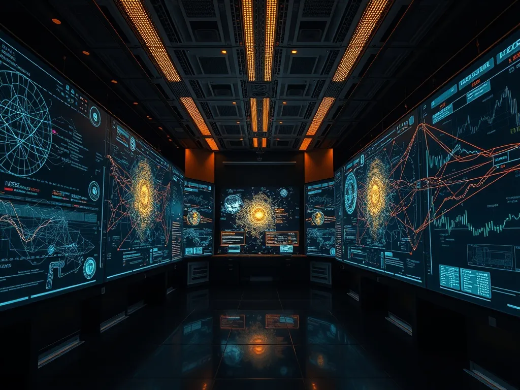 A high-tech laboratory environment with large digital screen