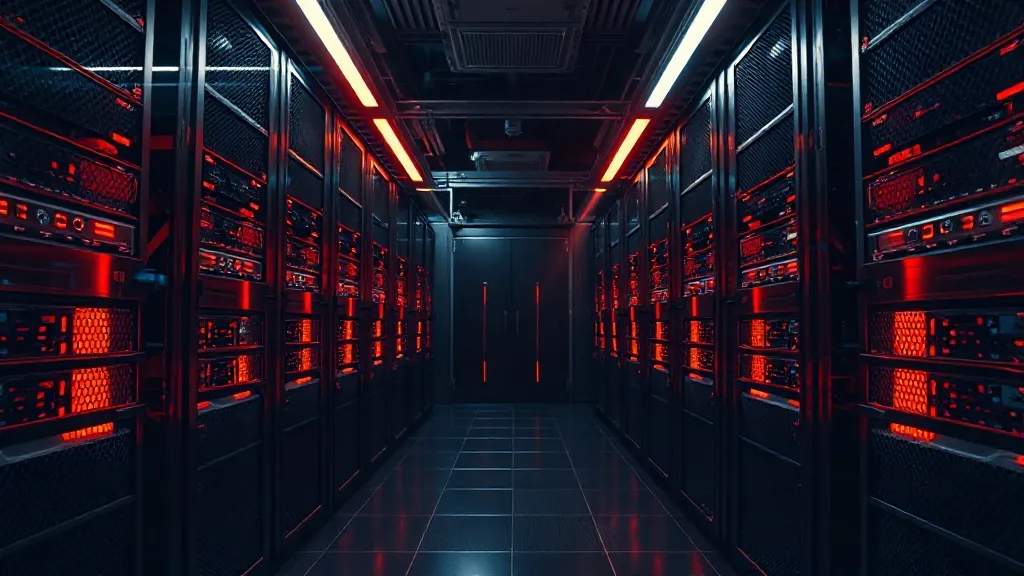 High-tech server room with glowing amber lights and dark gra