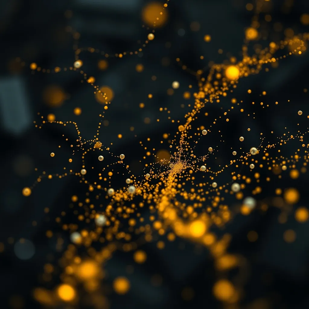 Microscopic view of digital data flow, golden particles, dar