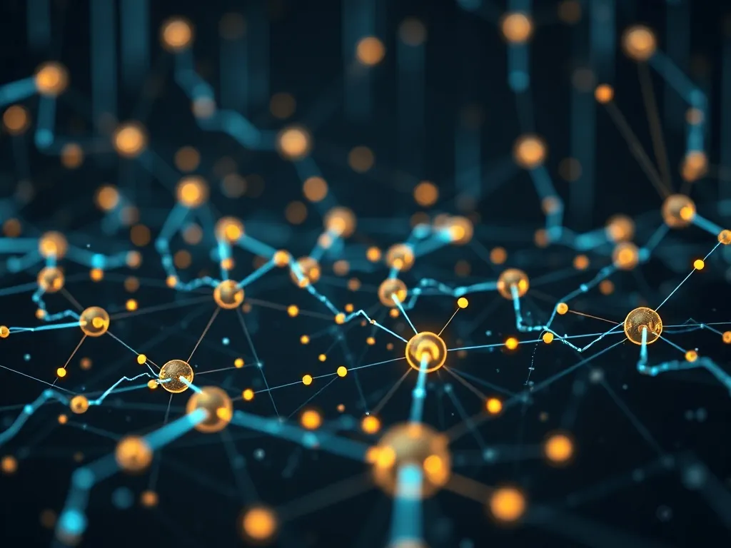 A high-tech digital visualization of data streams and blockc