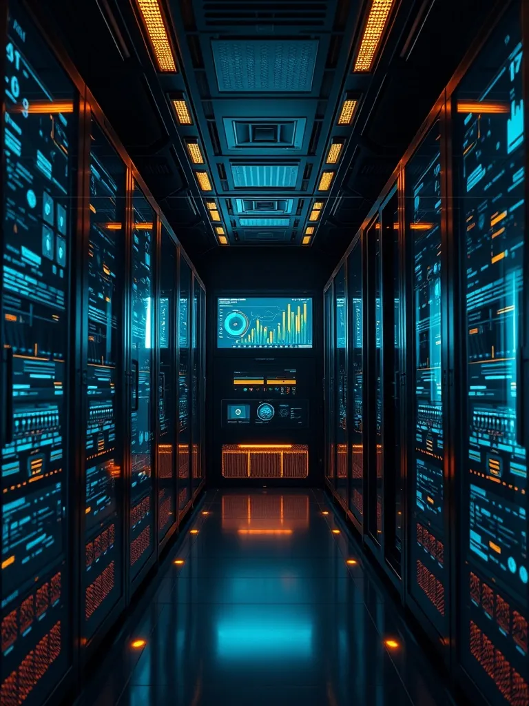 High-tech laboratory server room with glowing data visualiza