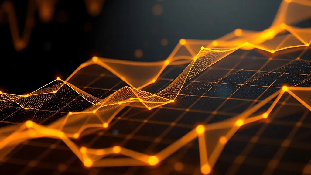 Abstract 3D data visualization, glowing golden lines on blac