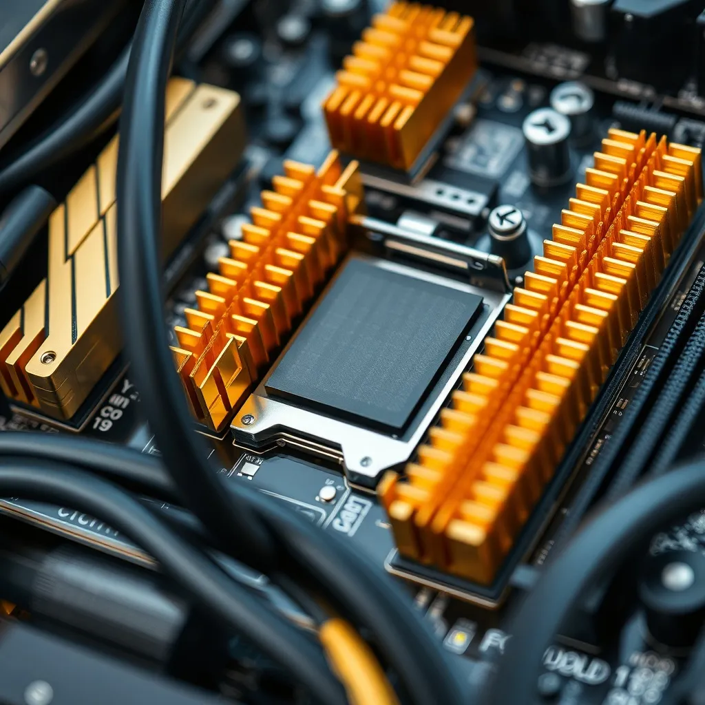Close up of high-end computer motherboard with gold heat sin