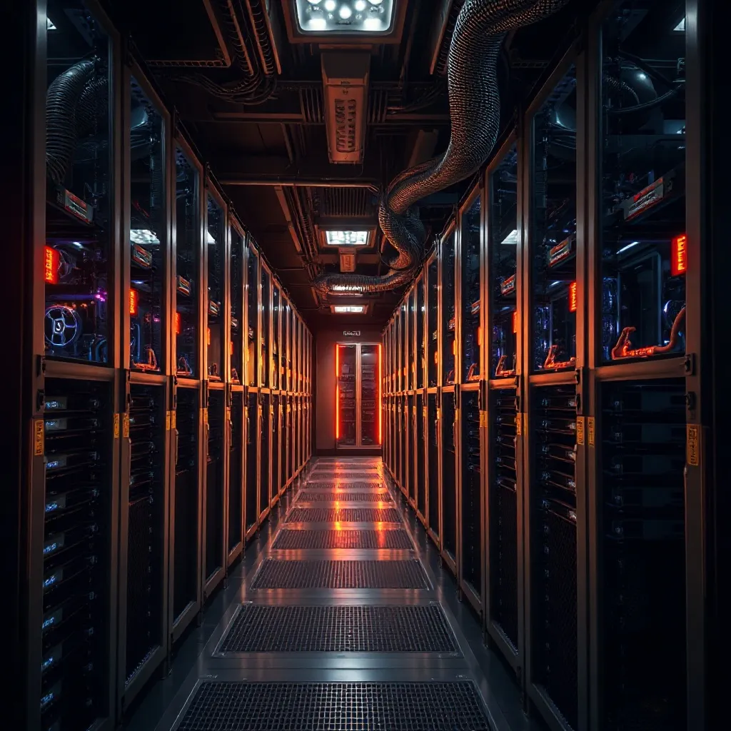 A high-tech server room with professional GPU racks, dark in